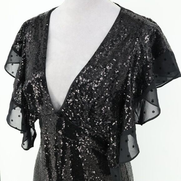Lulus Dress Womens Large Black Sequins Lined Ruffle Sheer Back Side Zip Deep V - Picture 8 of 13
